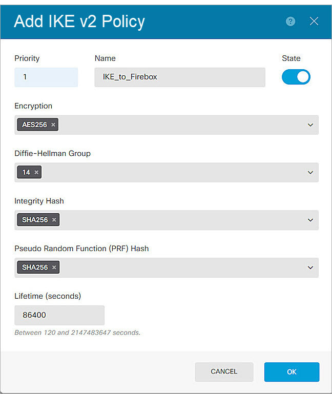 Screenshot of the IKE v2 Policy configuration dialog box 